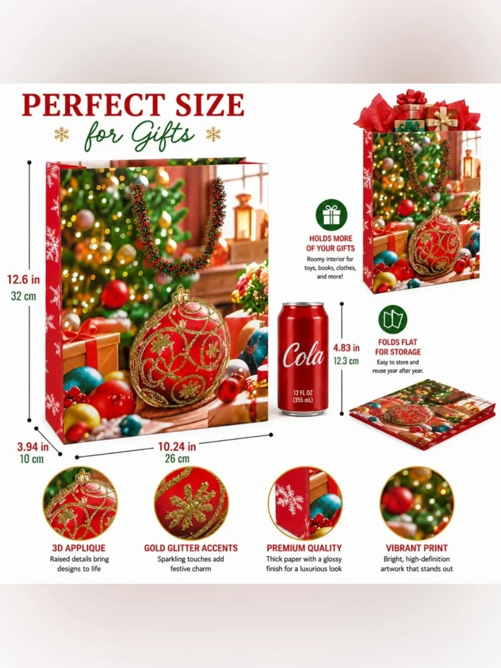 Festive Red Christmas Gift Bags with Raised 3D Appliqué